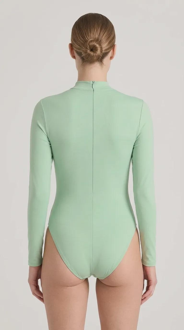 Mint Long Sleeve Back Zipper Swimsuit, One-Piece Surf Swimwear, Lightweight & Sheer, Soft Chest Pads