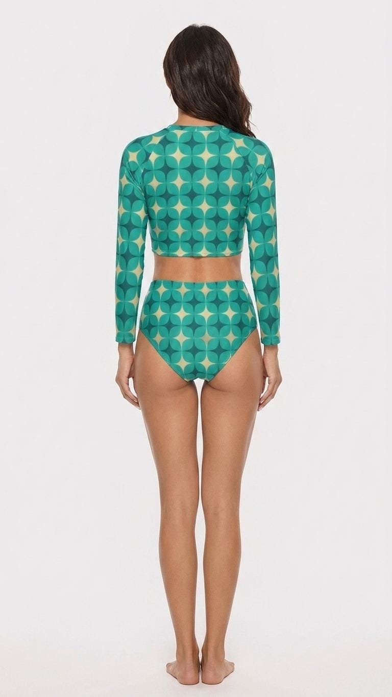 Blue Mod-Style Sixties-Inspired Two-Piece Swimsuit, Retro Long Sleeve Crop Rash Guard