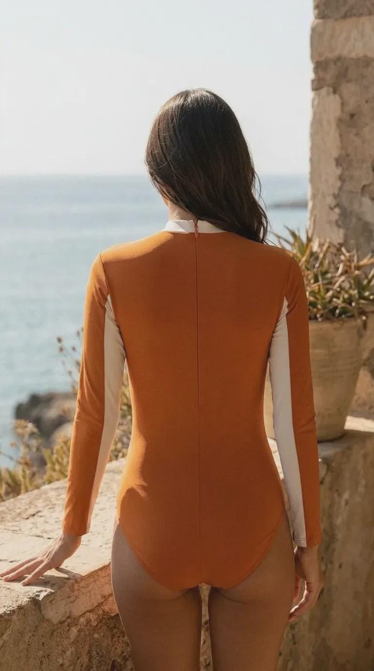Retro Long Sleeve One-Piece Swimsuit | Vintage Zipper Bathing Suit | Lightweight, Soft Chest Pads