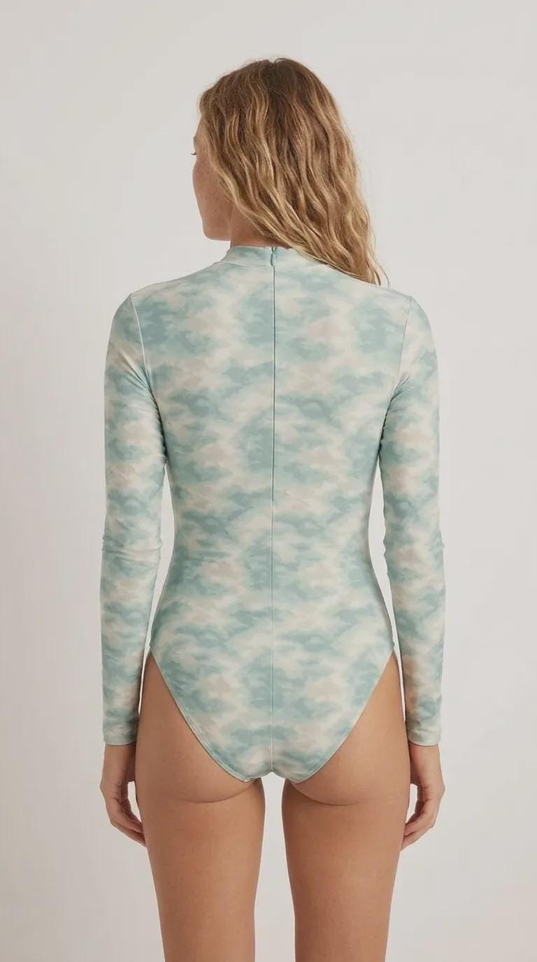 Lightweight & Sheer Long-Sleeve One-Piece Swimsuit with Back-Zipper - Ocean Water Camouflage - Surfers, Marine Biologists