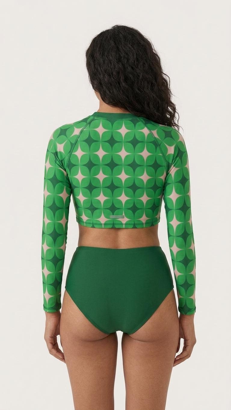 Green Mod-Style Sixties-Inspired Two-Piece Swimsuit, Retro Long Sleeve Crop Rash Guard