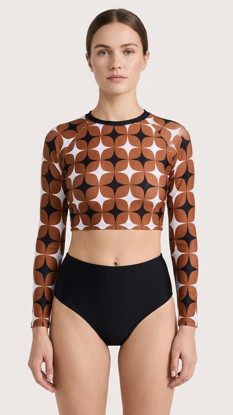 Brown Mod-Style Sixties-Inspired Two-Piece Swimsuit, Retro Long Sleeve Crop Rash Guard