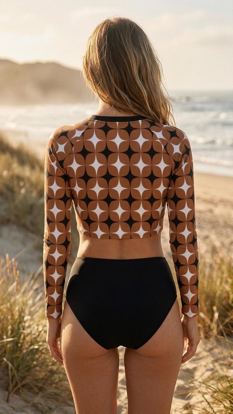 Brown Mod-Style Sixties-Inspired Two-Piece Swimsuit, Retro Long Sleeve Crop Rash Guard