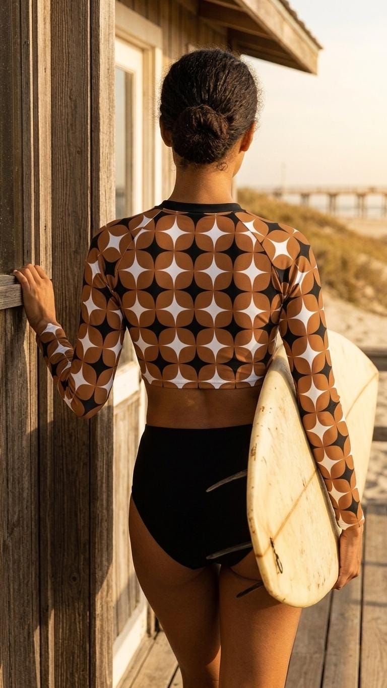 Brown Mod-Style Sixties-Inspired Two-Piece Swimsuit, Retro Long Sleeve Crop Rash Guard