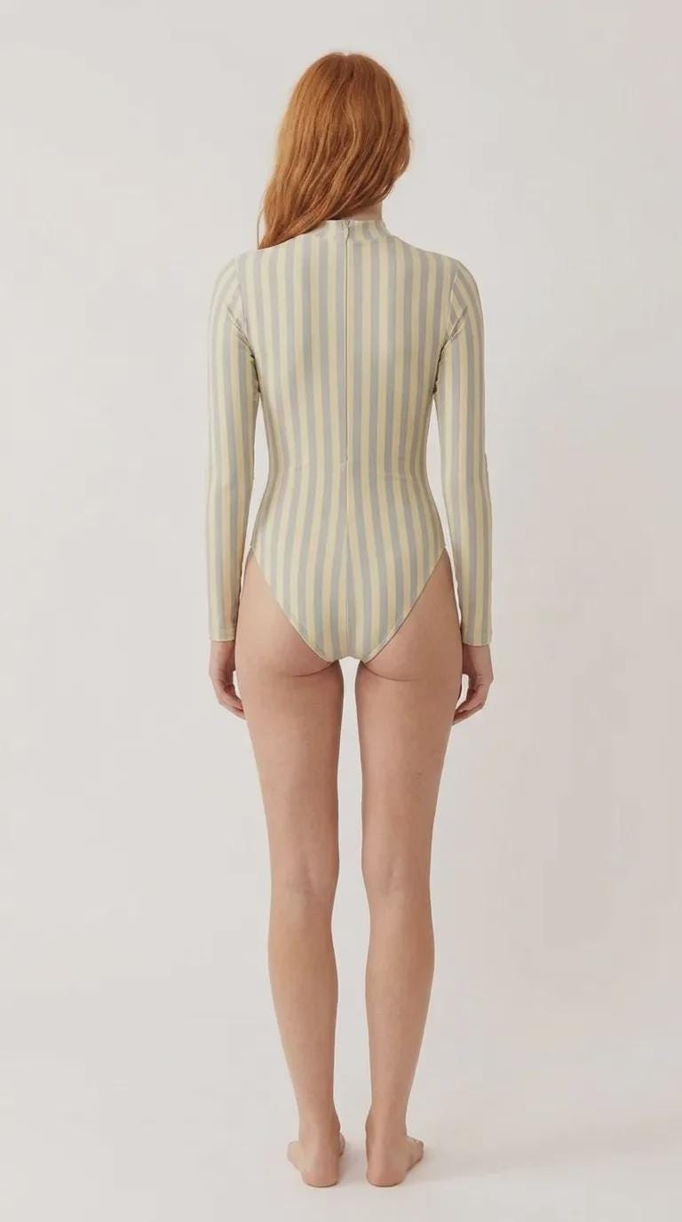 Long-Sleeve One-Piece Swimsuit - Back-Zipper - Lightweight & Sheer - Soft Chest-Pads - Buttermilk with Dusty Blue Stripes