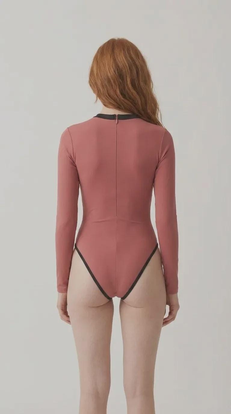 Long-Sleeve One-Piece Swimsuit - Back-Zipper - Lightweight - Soft Chest-Pads - Retro Muted Colours with Black Details