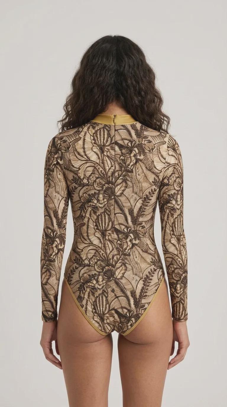 Retro Grunge Look Long-Sleeve One-Piece Swimsuit - Back-Zipper - Lightweight - Lace Print