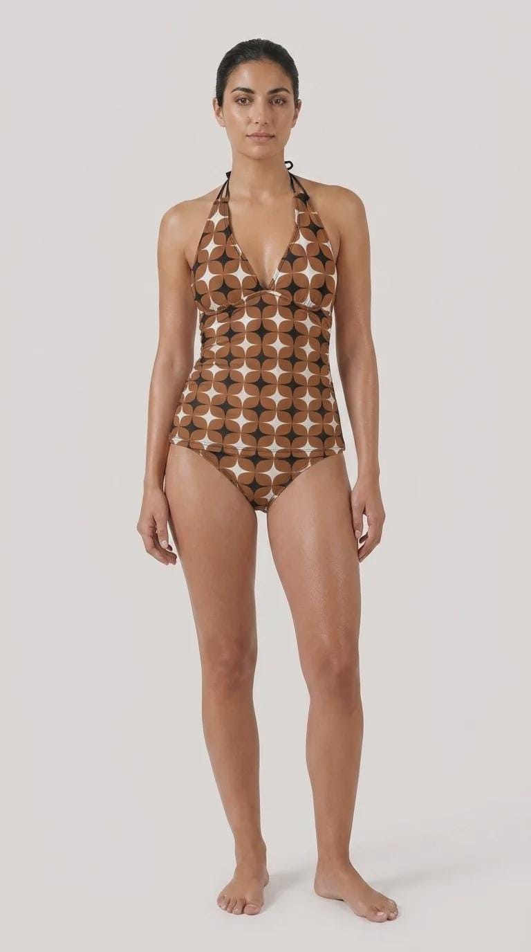 Brown Mod-Style Halter Tankini | V-Neck Split Two-Piece Halter Retro Chic Swimsuit