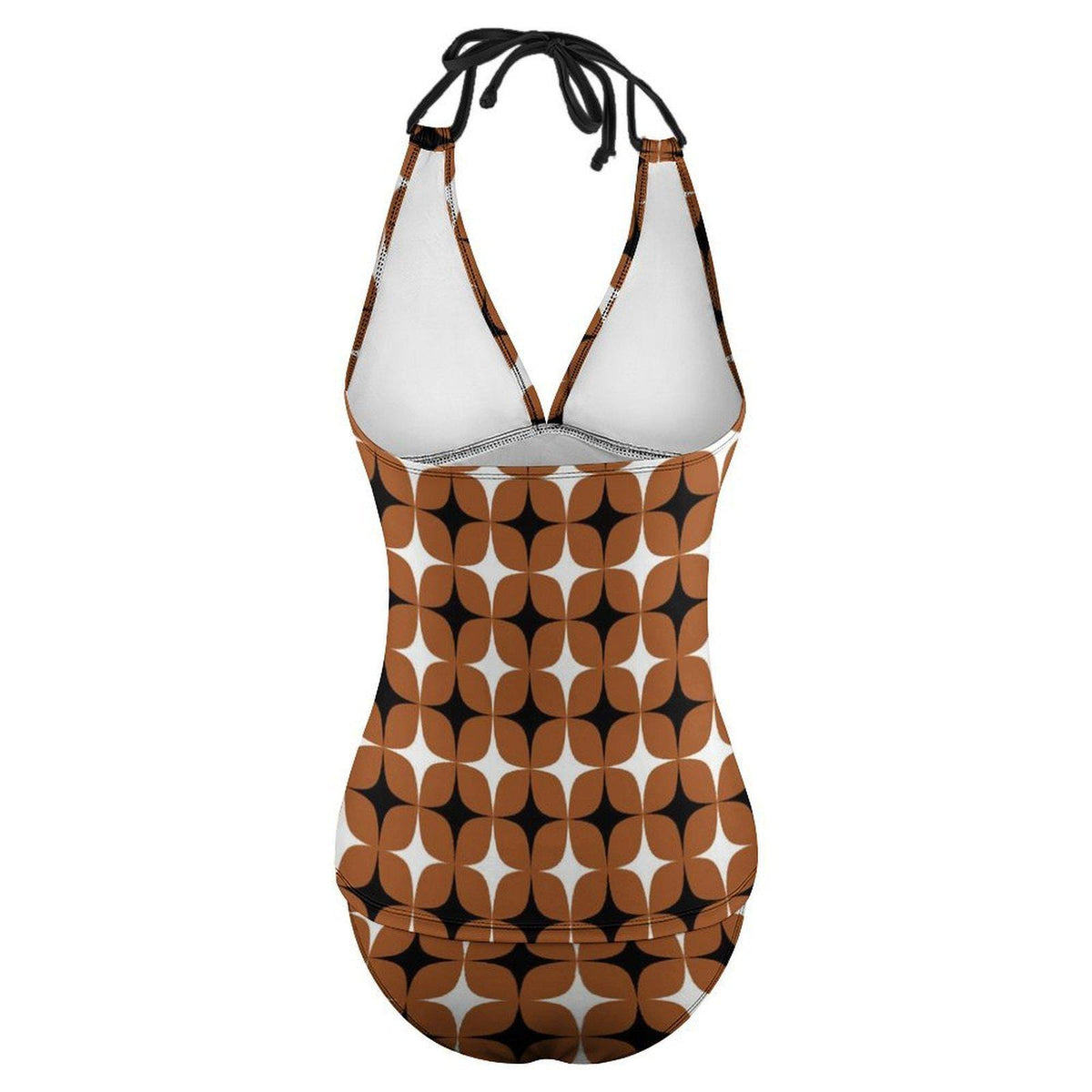 Brown Mod-Style Halter Tankini | V-Neck Split Two-Piece Halter Retro Chic Swimsuit