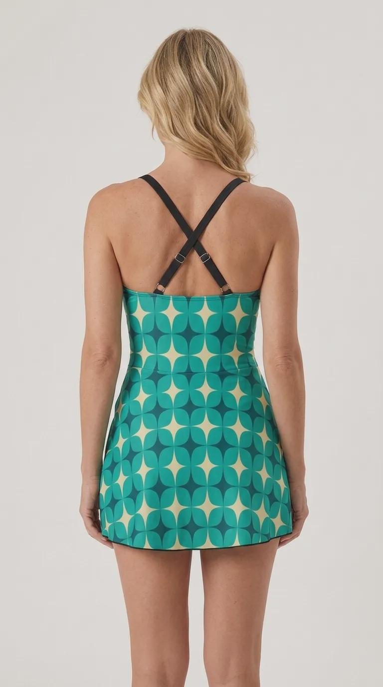 Swim-Dress, Integrated Brown Bottoms & Adjustable Straps, Modest One-Piece, Retro Mod-Style Blue