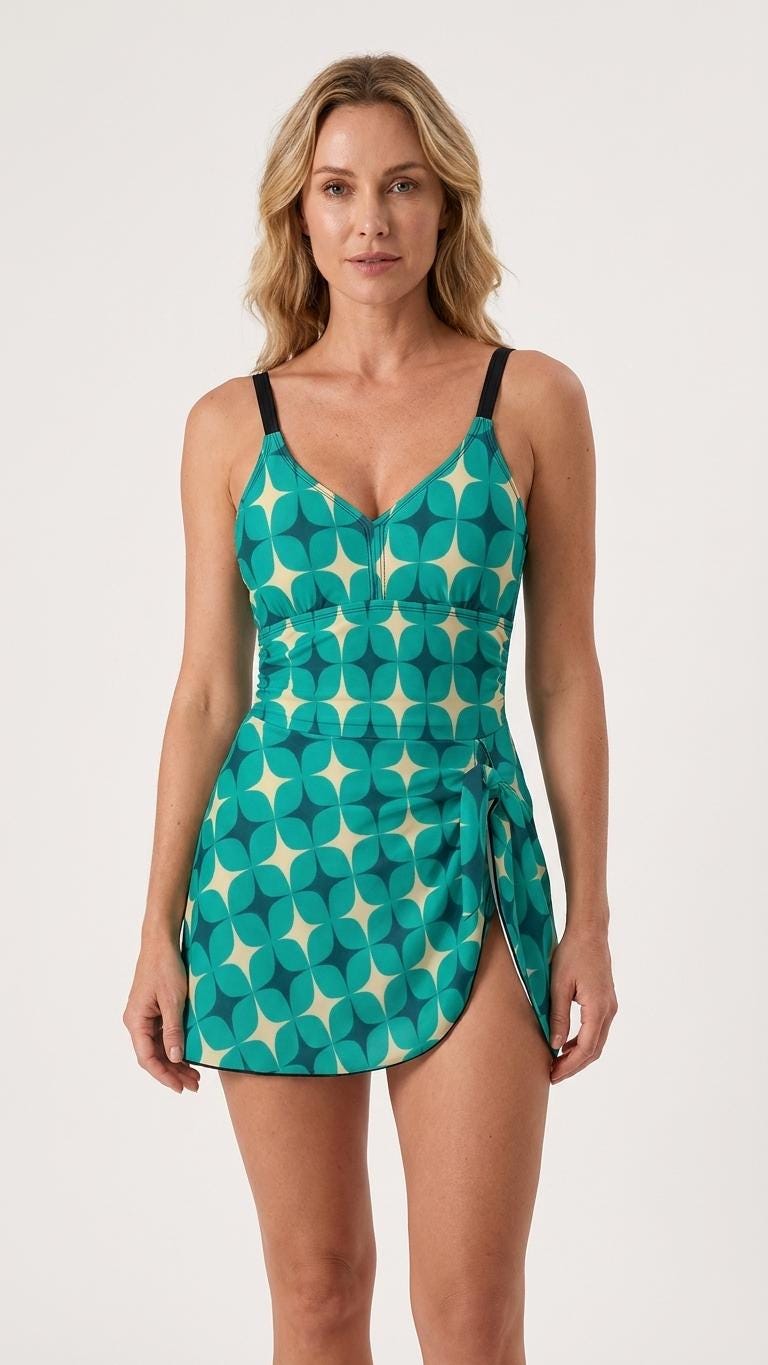 Swim-Dress, Integrated Brown Bottoms & Adjustable Straps, Modest One-Piece, Retro Mod-Style Blue