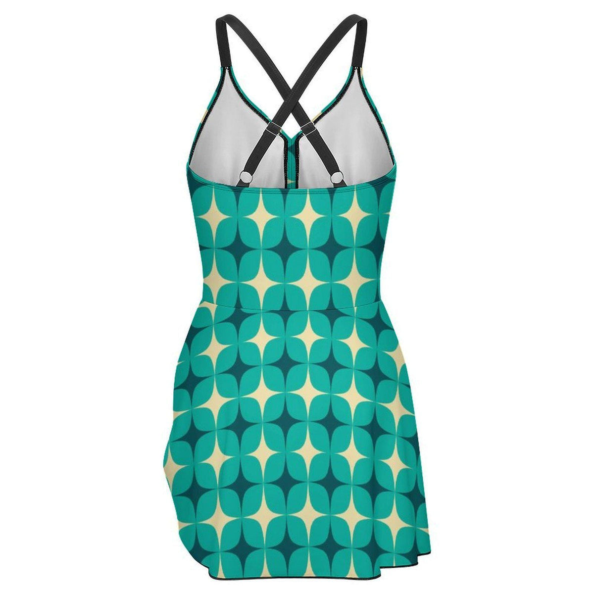 Swim-Dress, Integrated Brown Bottoms & Adjustable Straps, Modest One-Piece, Retro Mod-Style Blue