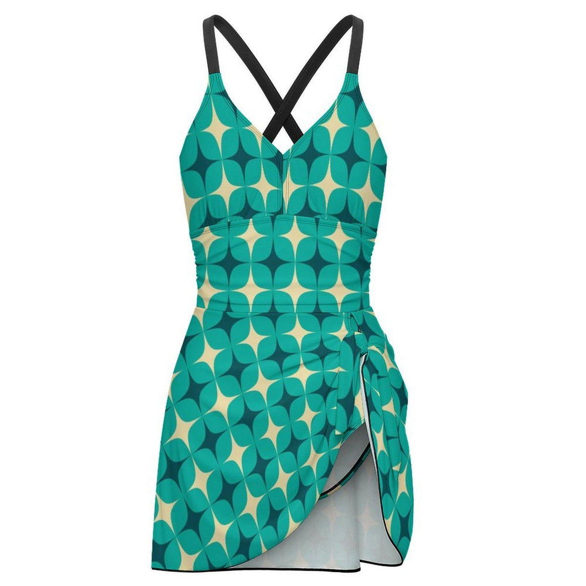Swim-Dress, Integrated Brown Bottoms & Adjustable Straps, Modest One-Piece, Retro Mod-Style Blue