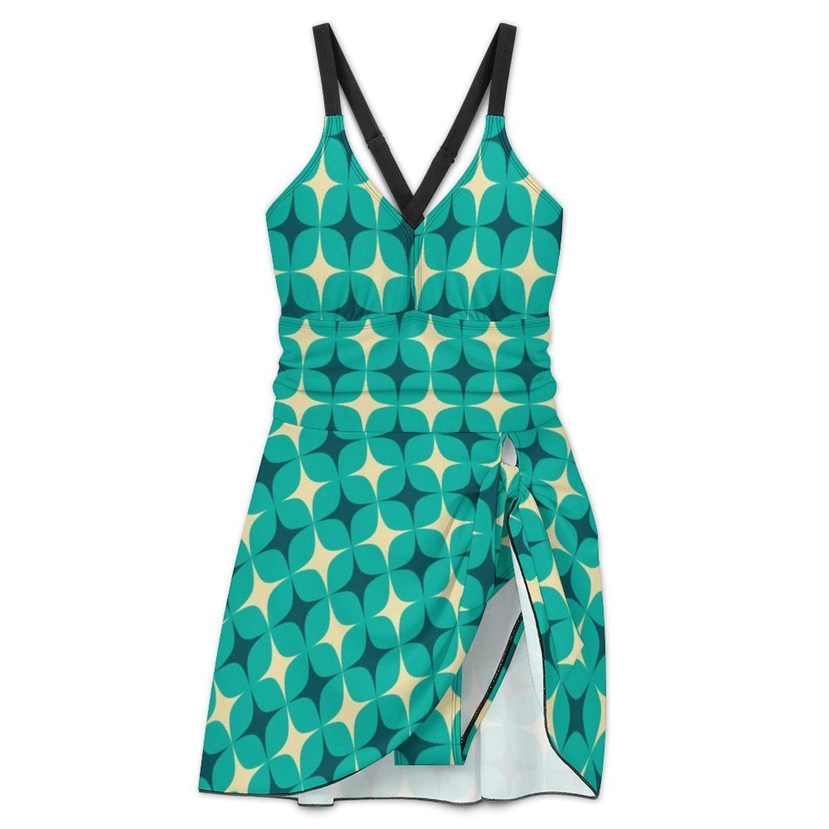 Swim-Dress, Integrated Brown Bottoms & Adjustable Straps, Modest One-Piece, Retro Mod-Style Blue