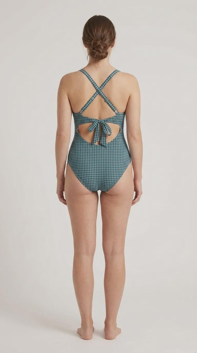 Steel Blue Chequered Cut-Out One-Piece Swimsuit, Lace-Up Back & Ruching, Pin-Up Vibes