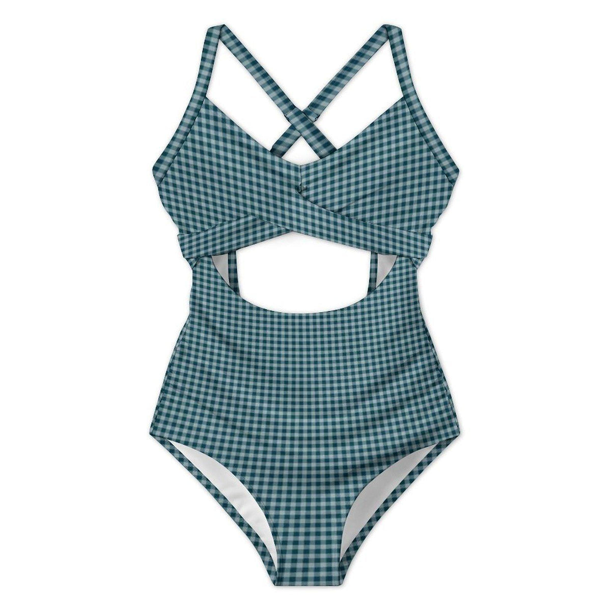 Steel Blue Chequered Cut-Out One-Piece Swimsuit, Lace-Up Back & Ruching, Pin-Up Vibes