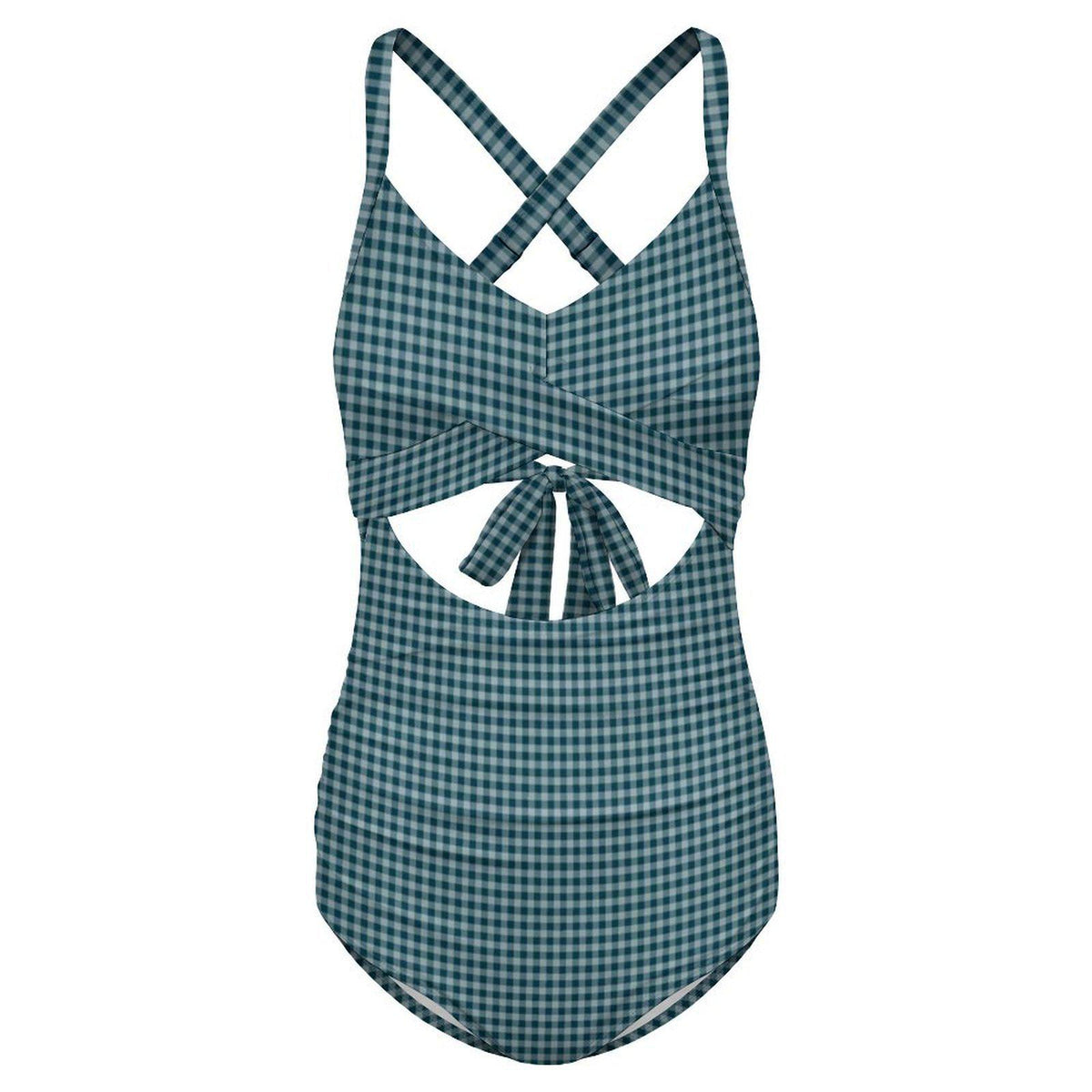 Steel Blue Chequered Cut-Out One-Piece Swimsuit, Lace-Up Back & Ruching, Pin-Up Vibes