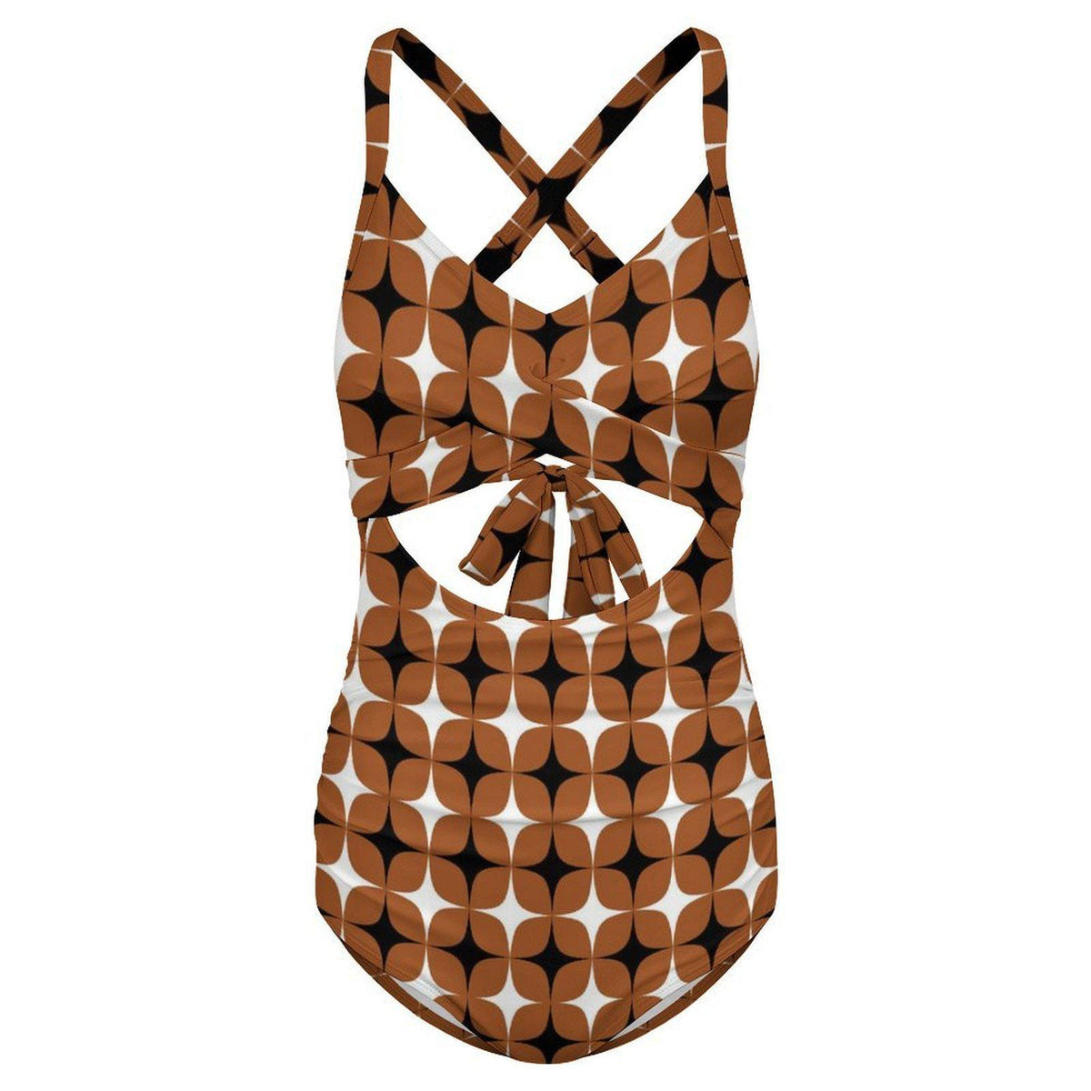 Mod Brown Cut-Out One-Piece Swimsuit, Lace-Up Back & Ruching, Pin-Up Vibes
