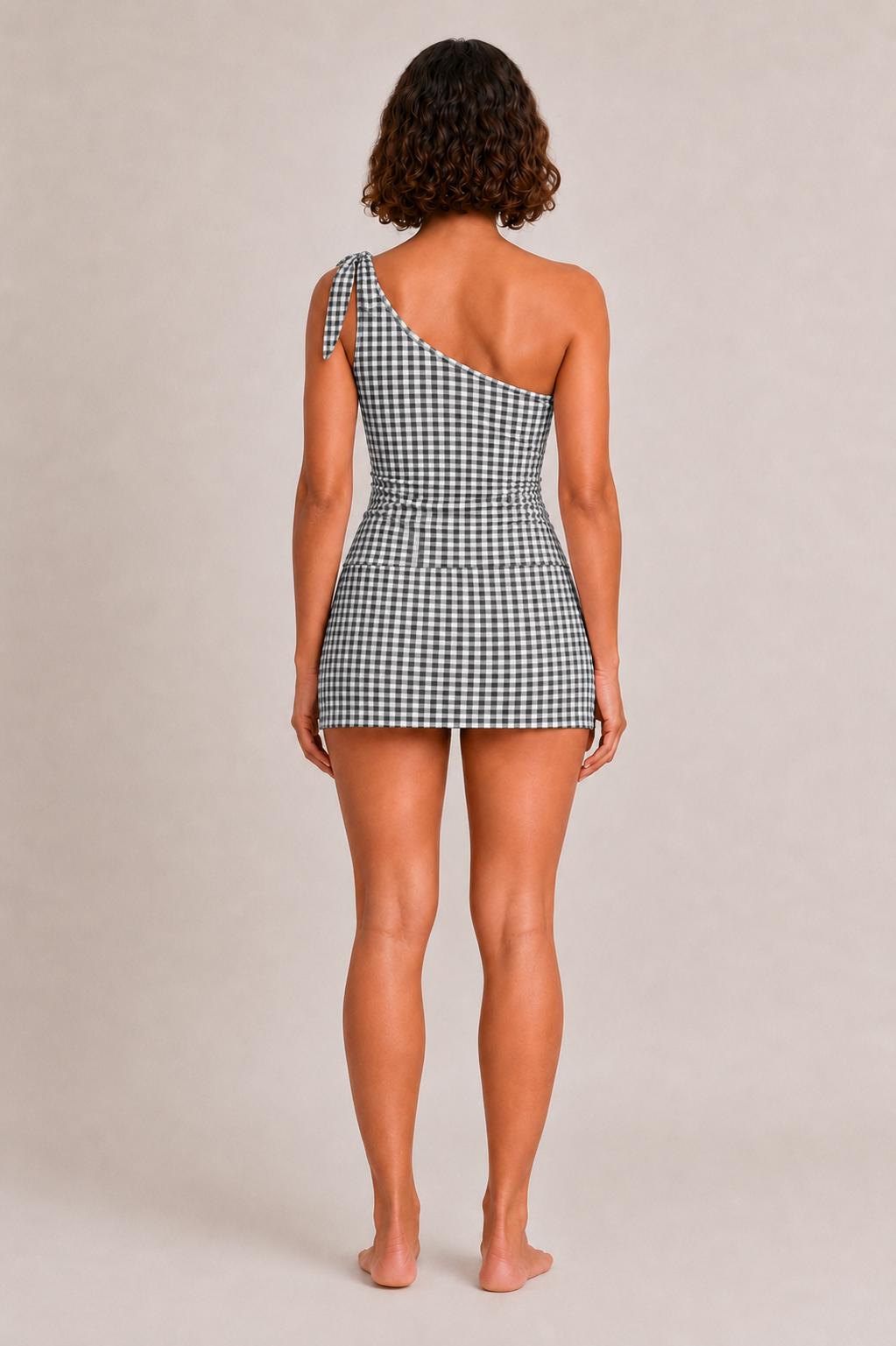 Retro One-Shoulder Tankini Set with Swim Skirt & Built-In Shorts | Vintage-Inspired Two-Piece Swimsuit | Black Gingham