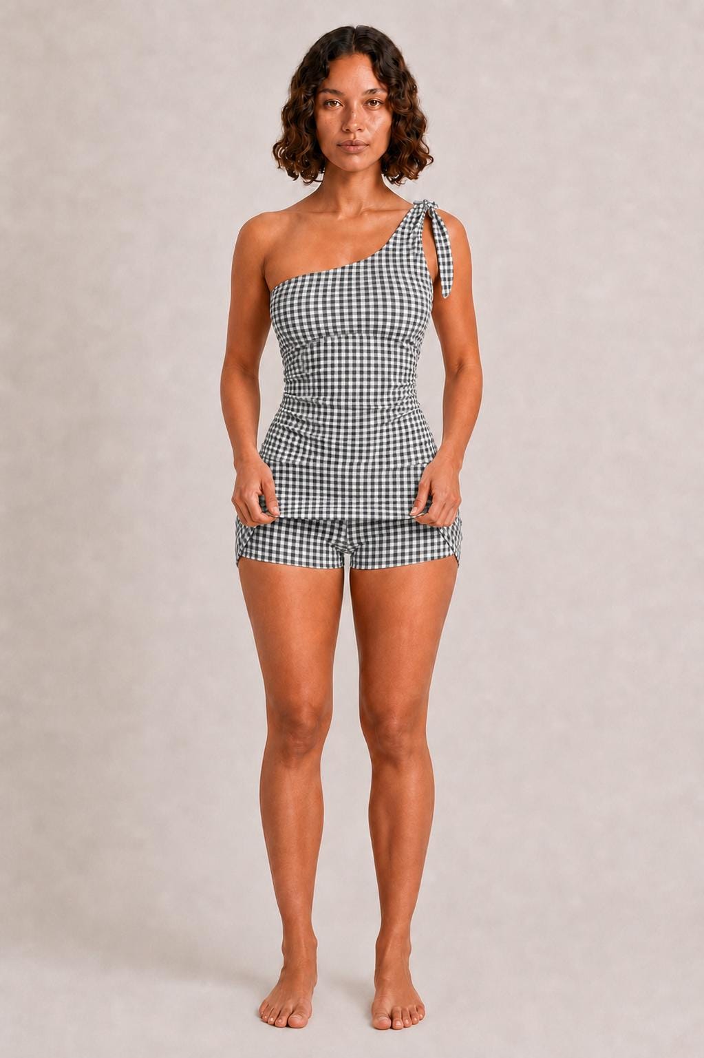 Retro One-Shoulder Tankini Set with Swim Skirt & Built-In Shorts | Vintage-Inspired Two-Piece Swimsuit | Black Gingham