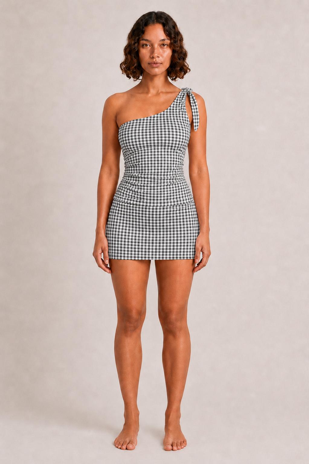 Retro One-Shoulder Tankini Set with Swim Skirt & Built-In Shorts | Vintage-Inspired Two-Piece Swimsuit | Black Gingham