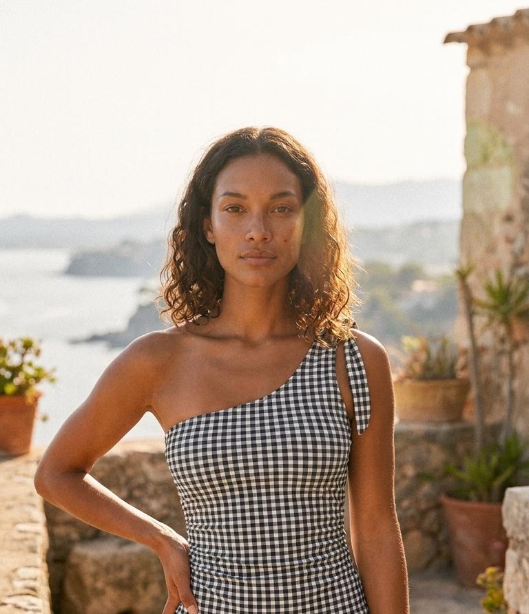 Retro One-Shoulder Tankini Set with Swim Skirt & Built-In Shorts | Vintage-Inspired Two-Piece Swimsuit | Black Gingham