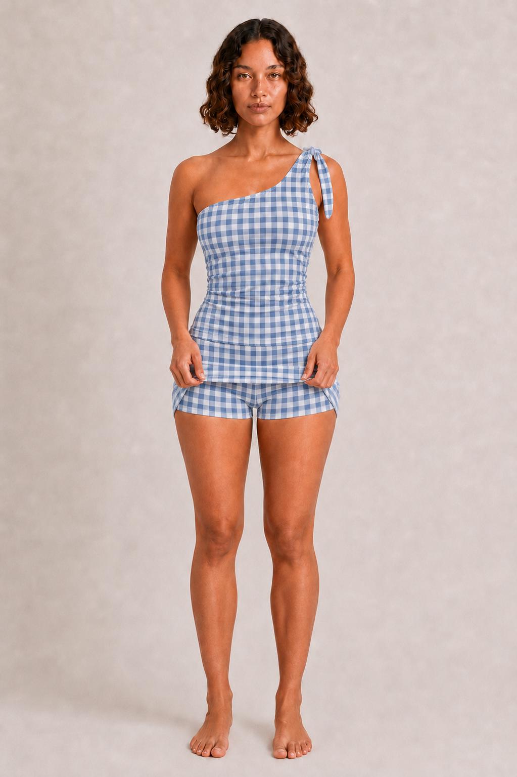 Retro One-Shoulder Tankini Set with Swim Skirt & Built-In Shorts | Vintage-Inspired Two-Piece Swimsuit | Blue Gingham