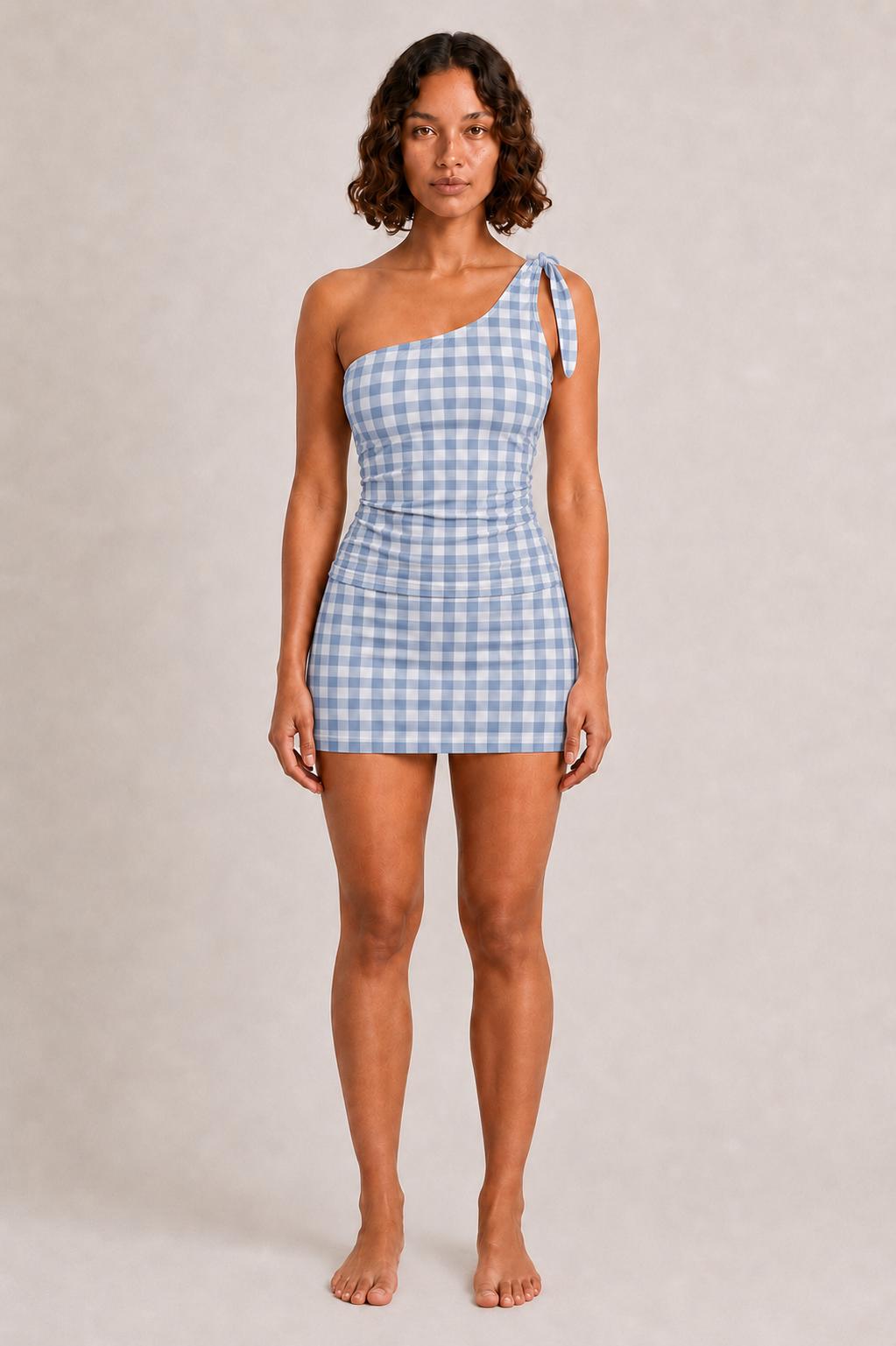 Retro One-Shoulder Tankini Set with Swim Skirt & Built-In Shorts | Vintage-Inspired Two-Piece Swimsuit | Blue Gingham