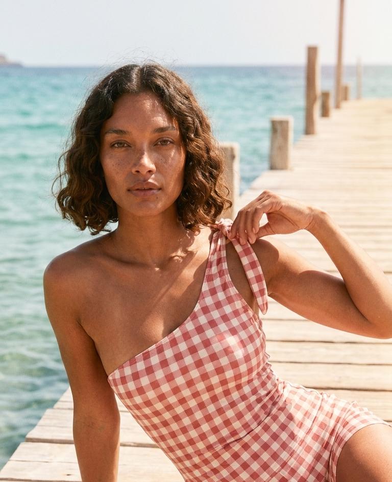 Retro One-Shoulder Tankini Set with Swim Skirt & Built-In Shorts | Vintage-Inspired Two-Piece Swimsuit | Red Gingham