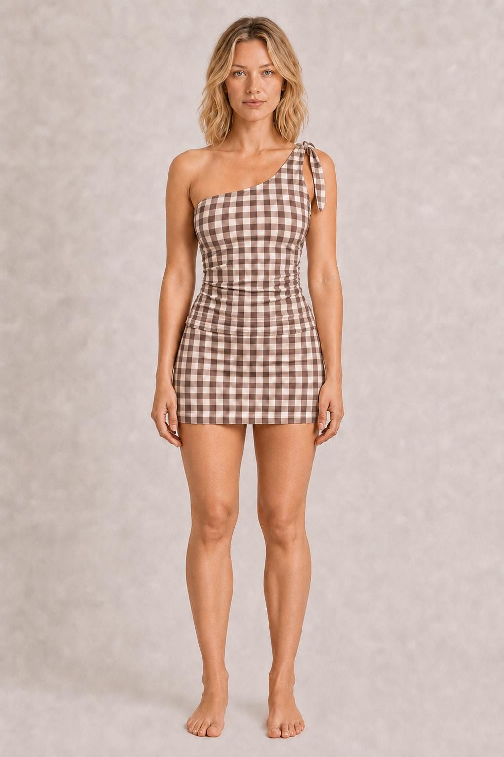 Retro One-Shoulder Tankini Set with Swim-Skirt & Built-In Shorts | Vintage-Inspired Two-Piece Swimsuit | Espresso Brown Gingham