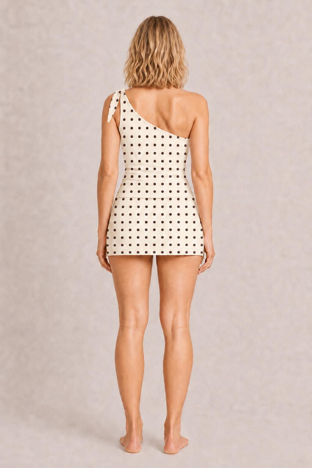 Retro One-Shoulder Tankini Set with Swim-Skirt & Built-In Shorts | Vintage-Inspired Two-Piece Swimsuit | Cream Brown Polka-Dot