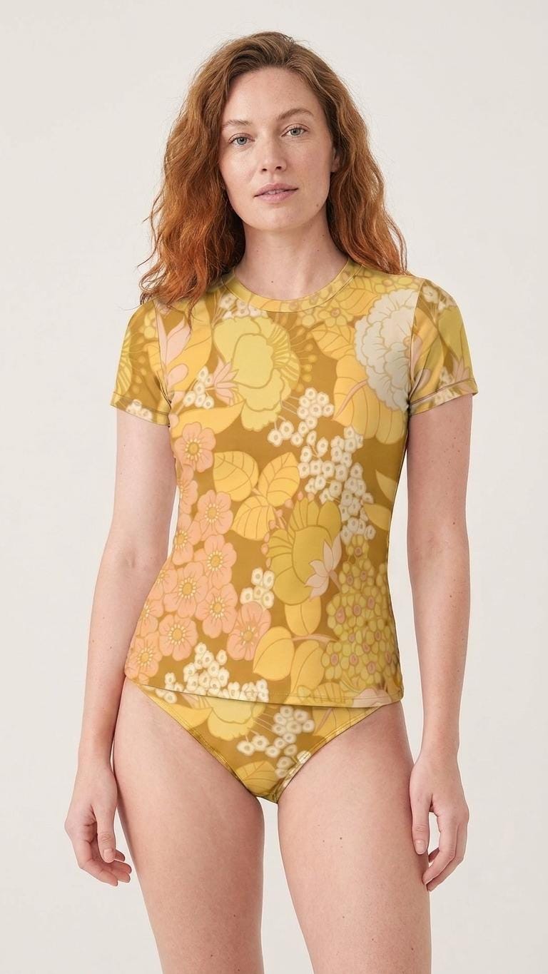 Chic Minimalist Tankini – Stylish Short Sleeve Rash-Guard Swim-Top & Briefs Swimsuit | Retro Yellow Florals