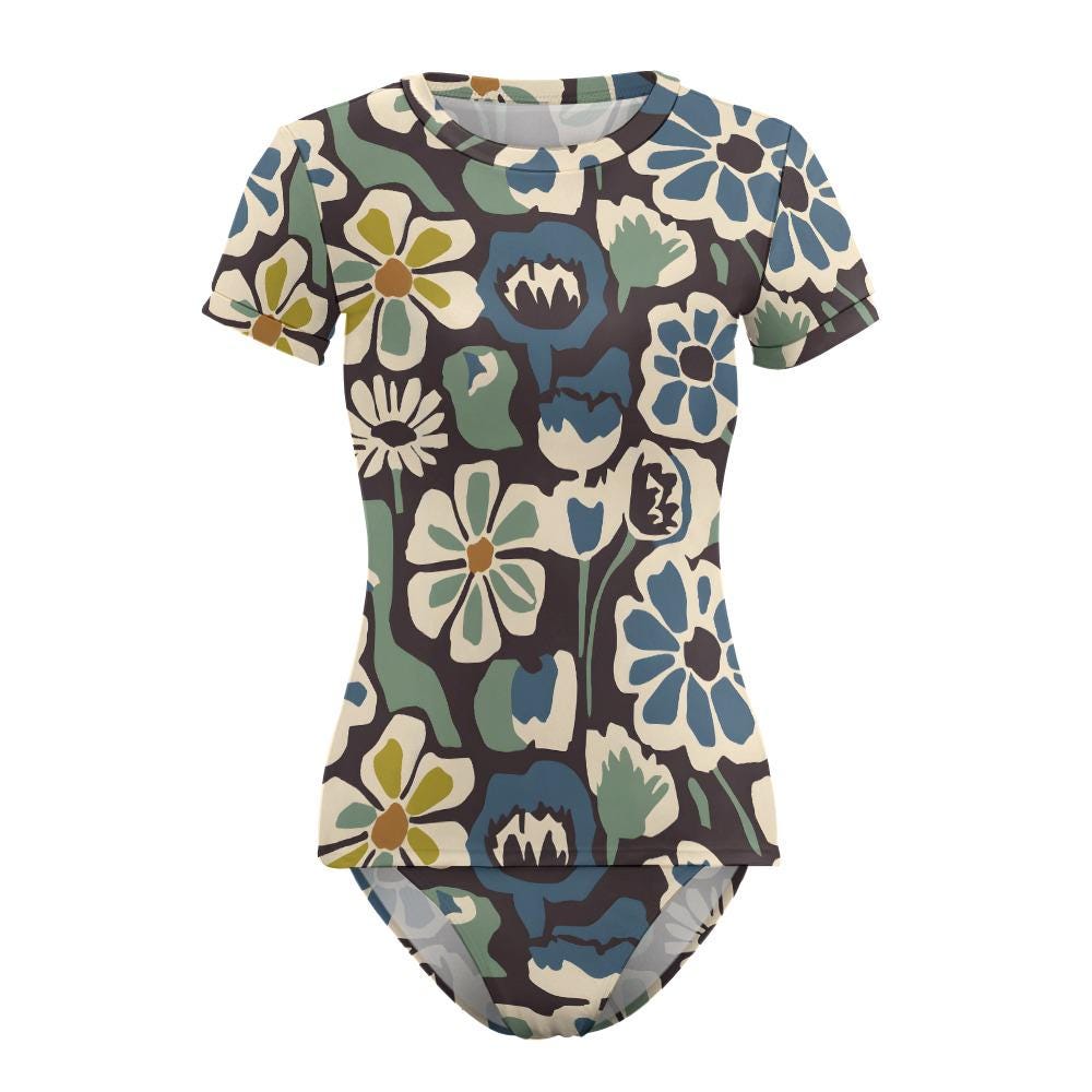 Chic Minimalist Tankini – Stylish Short Sleeve Rash-Guard Swim-Top & Briefs Swimsuit | Retro Blue Florals