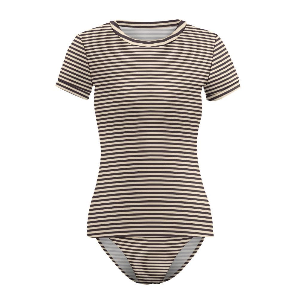 Chic Minimalist Tankini – Stylish Short-Sleeve Rash-Guard Swim-Top & Briefs Swimsuit | Vintage Stripes