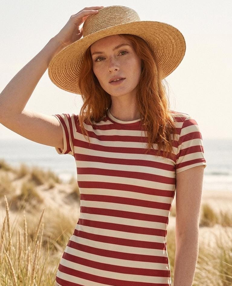 Chic Minimalist Tankini – Stylish Short-Sleeve Rash-Guard Swim-Top & Briefs Swimsuit | Vintage Red Stripes