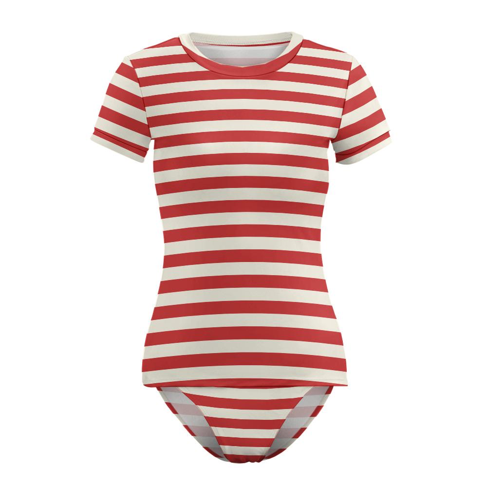 Chic Minimalist Tankini – Stylish Short-Sleeve Rash-Guard Swim-Top & Briefs Swimsuit | Vintage Red Stripes