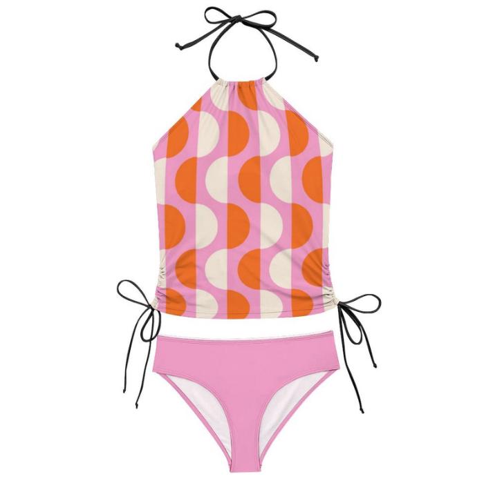 Retro Mod-Style Tankini: 1960s-Inspired Halter Swimsuit with Drawstrings