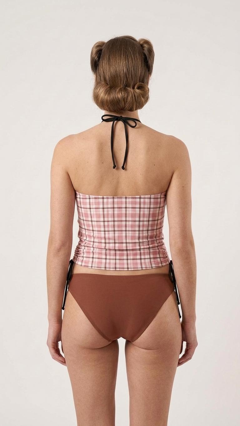 Retro Plaid Tankini: Pink & Brown Halter Swimsuit with Drawstrings