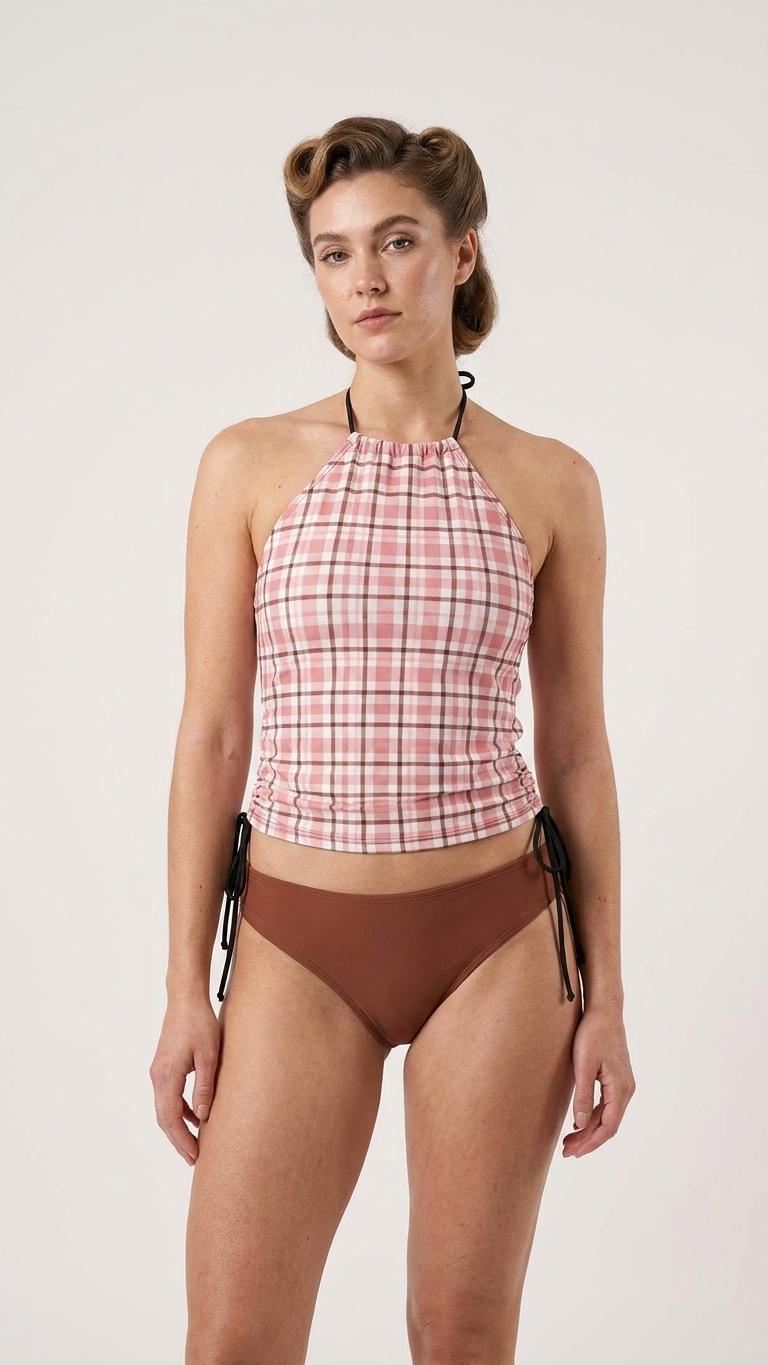 Retro Plaid Tankini: Pink & Brown Halter Swimsuit with Drawstrings