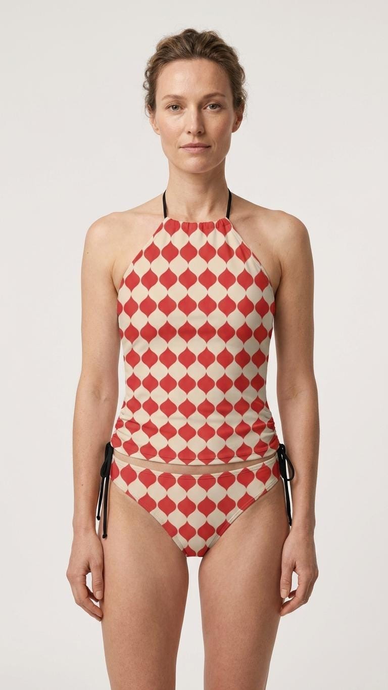 Retro Tankini, Halter Swimsuit with Drawstrings, Red Drops