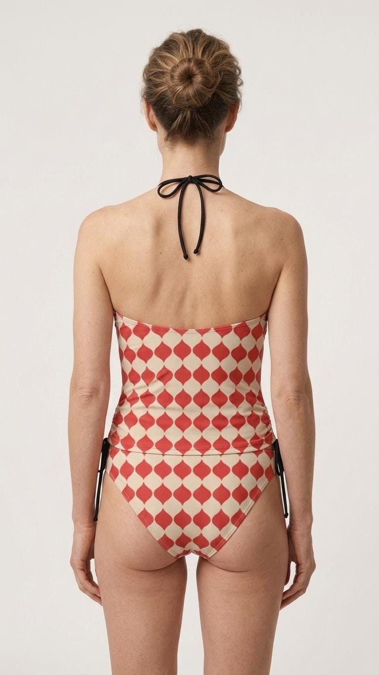 Retro Tankini, Halter Swimsuit with Drawstrings, Red Drops