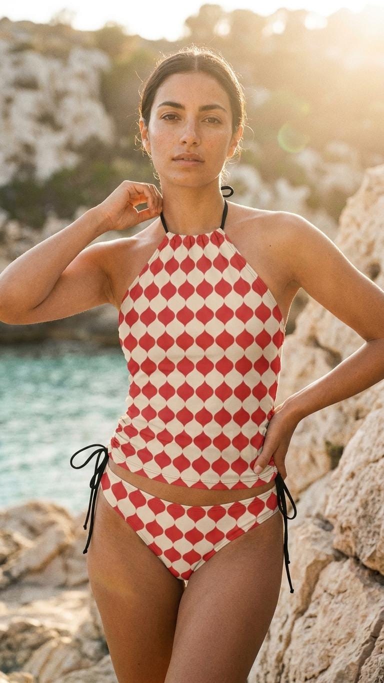Retro Tankini, Halter Swimsuit with Drawstrings, Red Drops