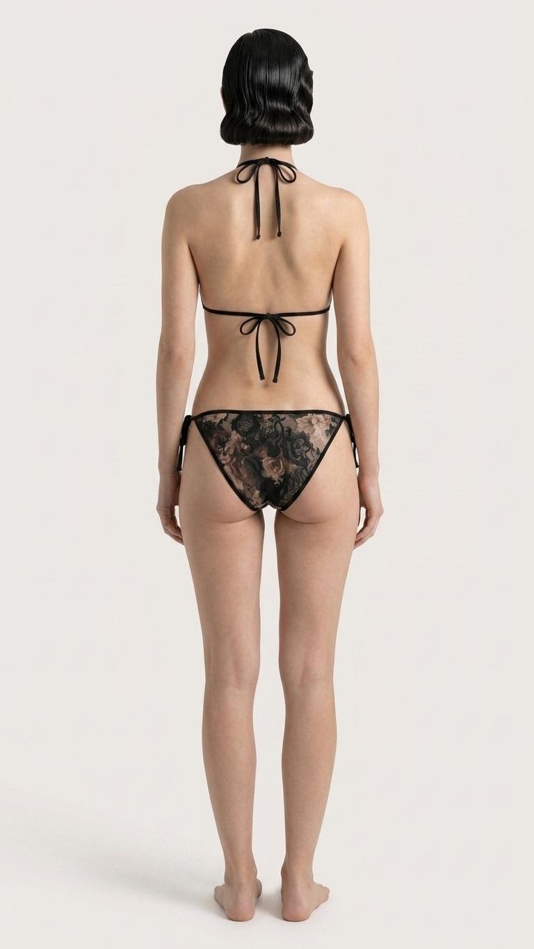 Dark Coquette Grunge Goth Lace Baroque Roses Black Trim Bikini, Adjustable Triangle Swimsuit (S-5XL)
