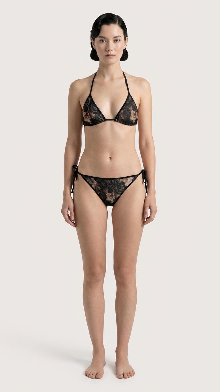 Dark Coquette Grunge Goth Lace Baroque Roses Black Trim Bikini, Adjustable Triangle Swimsuit (S-5XL)