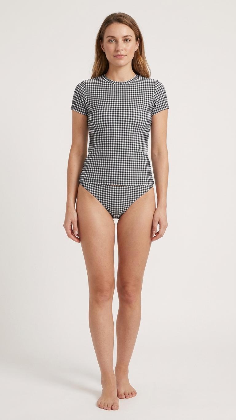 Chic Minimalist Tankini – Stylish Short-Sleeve Rash-Guard Swim-Top & Briefs Swimsuit | Black Gingham