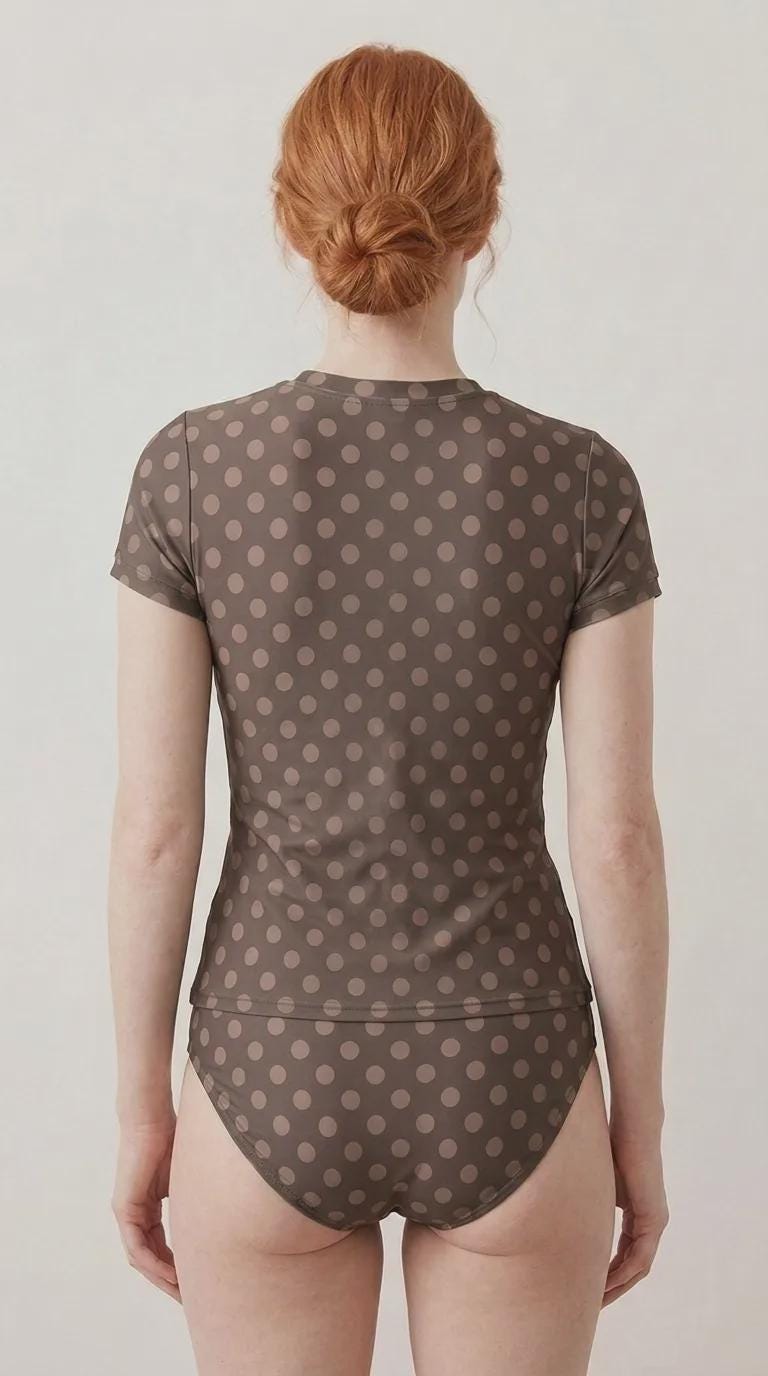 Chic Minimalist Tankini – Stylish Short-Sleeve Rash-Guard Swim-Top & Briefs Swimsuit | Vintage Polka Dot in Brown