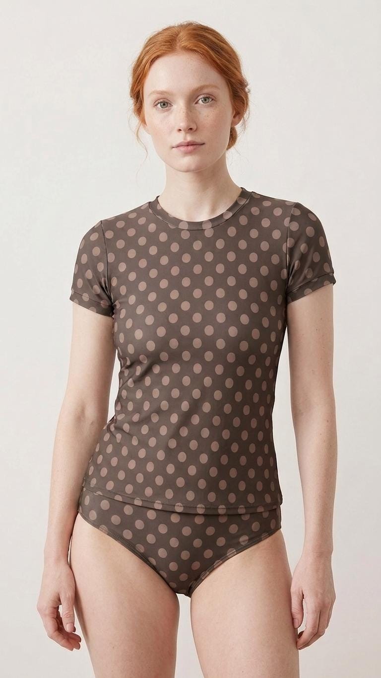 Chic Minimalist Tankini – Stylish Short-Sleeve Rash-Guard Swim-Top & Briefs Swimsuit | Vintage Polka Dot in Brown
