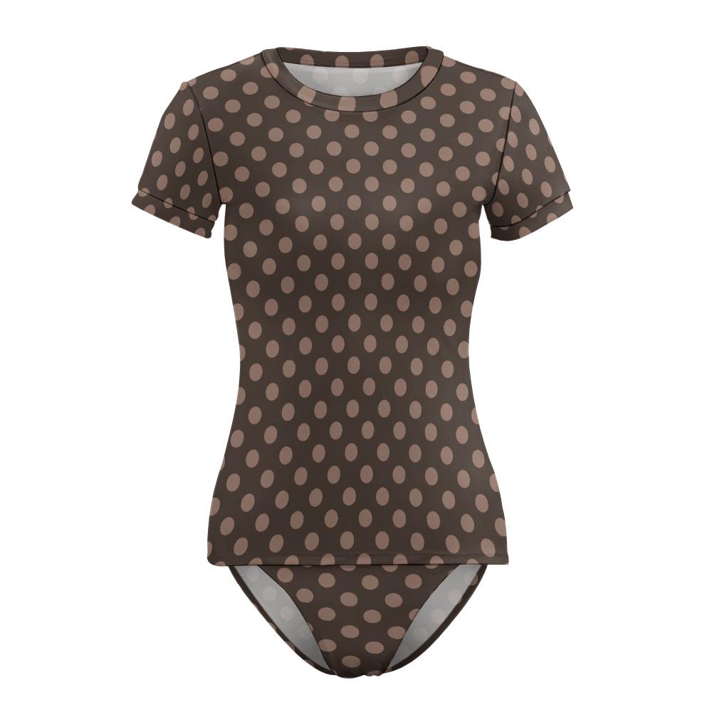 Chic Minimalist Tankini – Stylish Short-Sleeve Rash-Guard Swim-Top & Briefs Swimsuit | Vintage Polka Dot in Brown