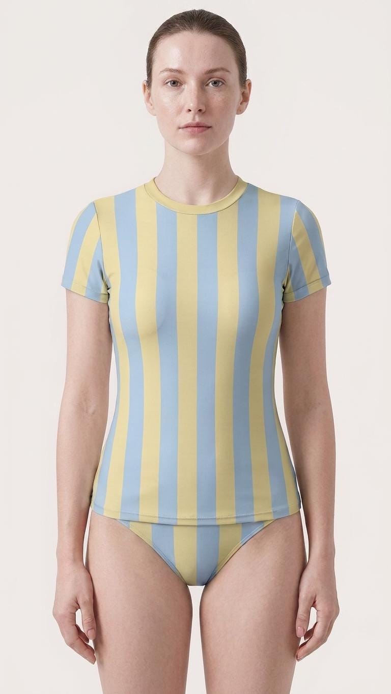Chic Minimalist Tankini – Stylish Short-Sleeve Rash-Guard Swim-Top & Briefs Swimsuit | Buttermilk and Blue Striped