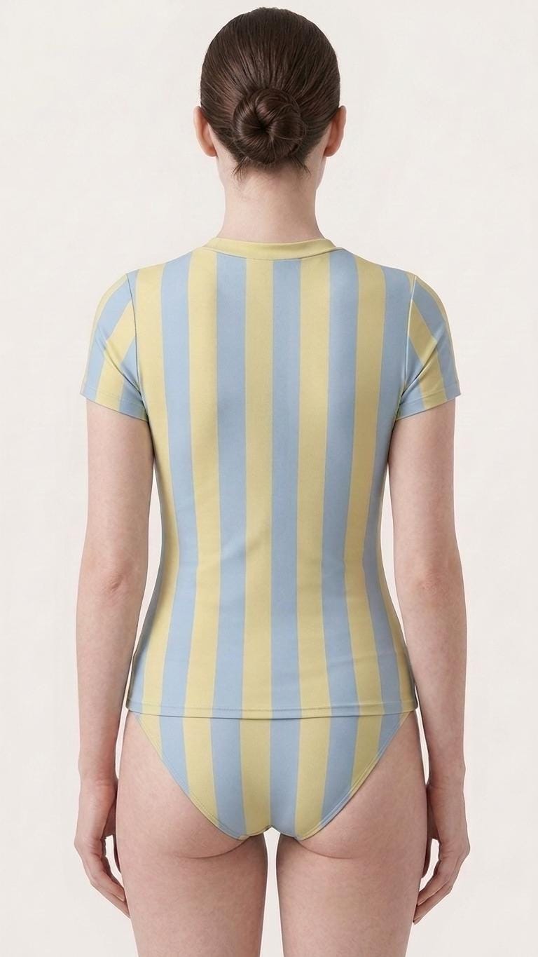 Chic Minimalist Tankini – Stylish Short-Sleeve Rash-Guard Swim-Top & Briefs Swimsuit | Buttermilk and Blue Striped